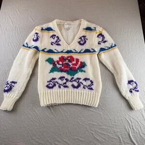 Vintage Hand-Knit Sweater Evian II L Floral Fairy Garden